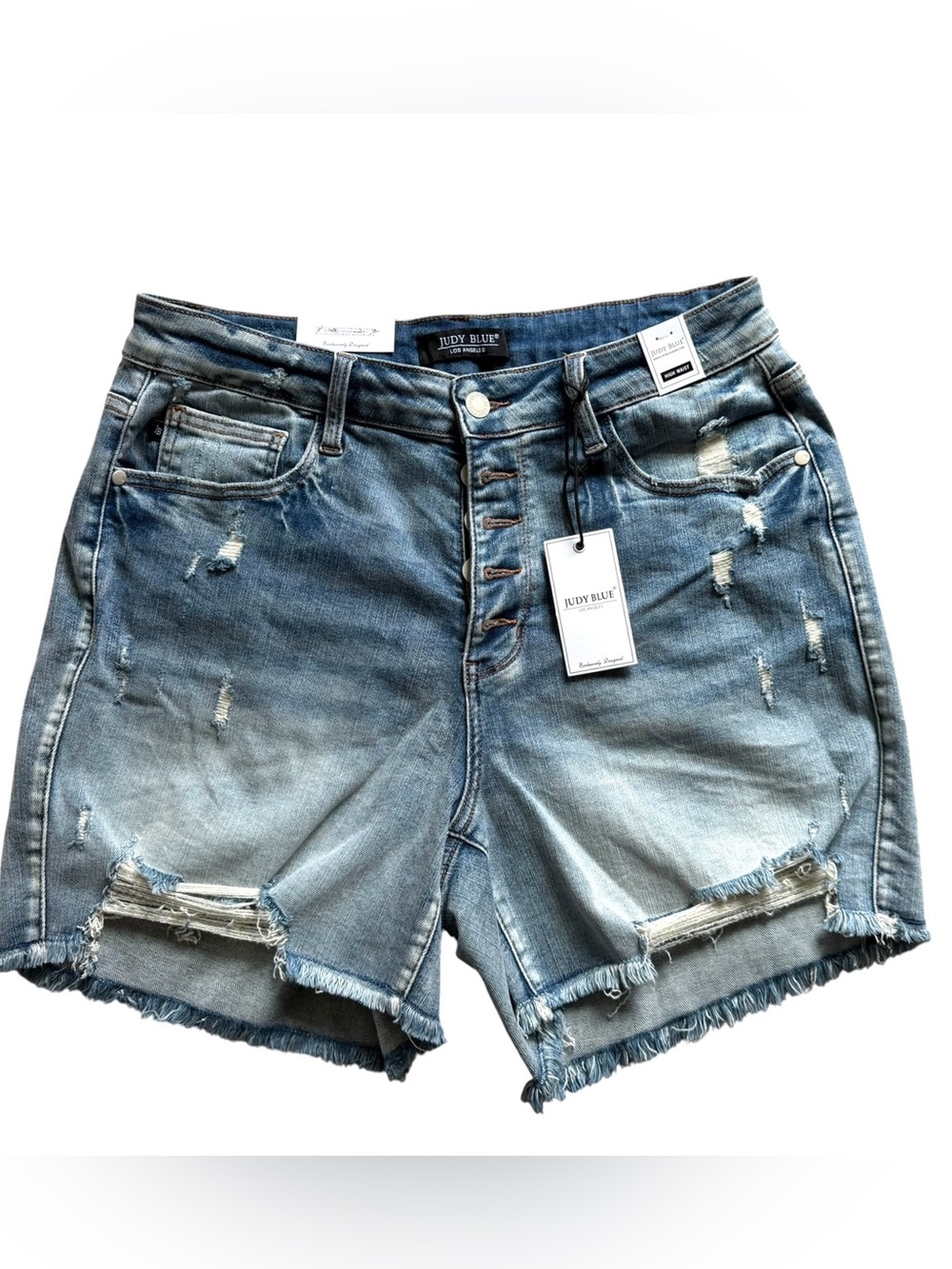 Judy Blue High Waist Denim Shorts Womens 1XL Blue Distressed Stretch NWT